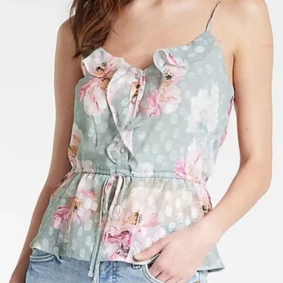 NWT Size M Express Floral Spaghetti Strap Blue Polka Dot Peplum Top - Picture 1 of 7